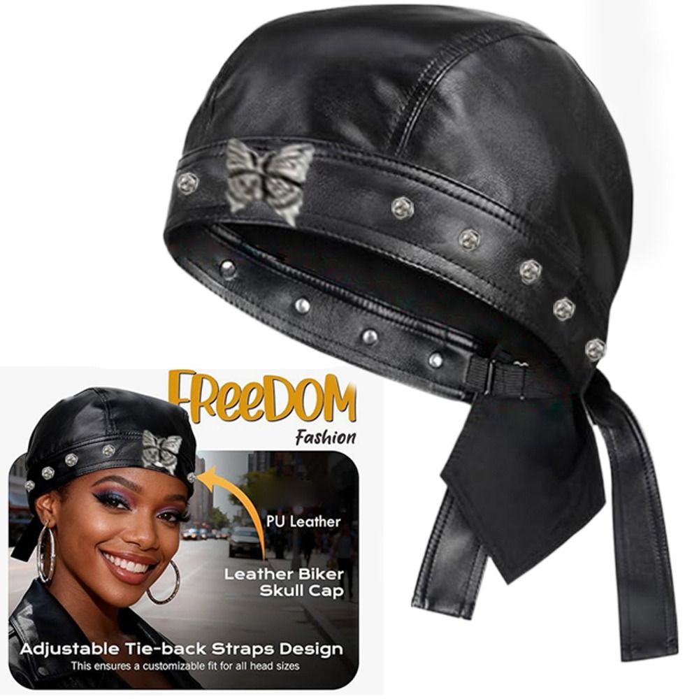 Bandana Doo Rag - PU Leather Black Biker Cap Adjustable